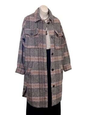 Long Knee Length Grey & Rust Plaid Trench Shacket Lightweight Jacket Sz S
